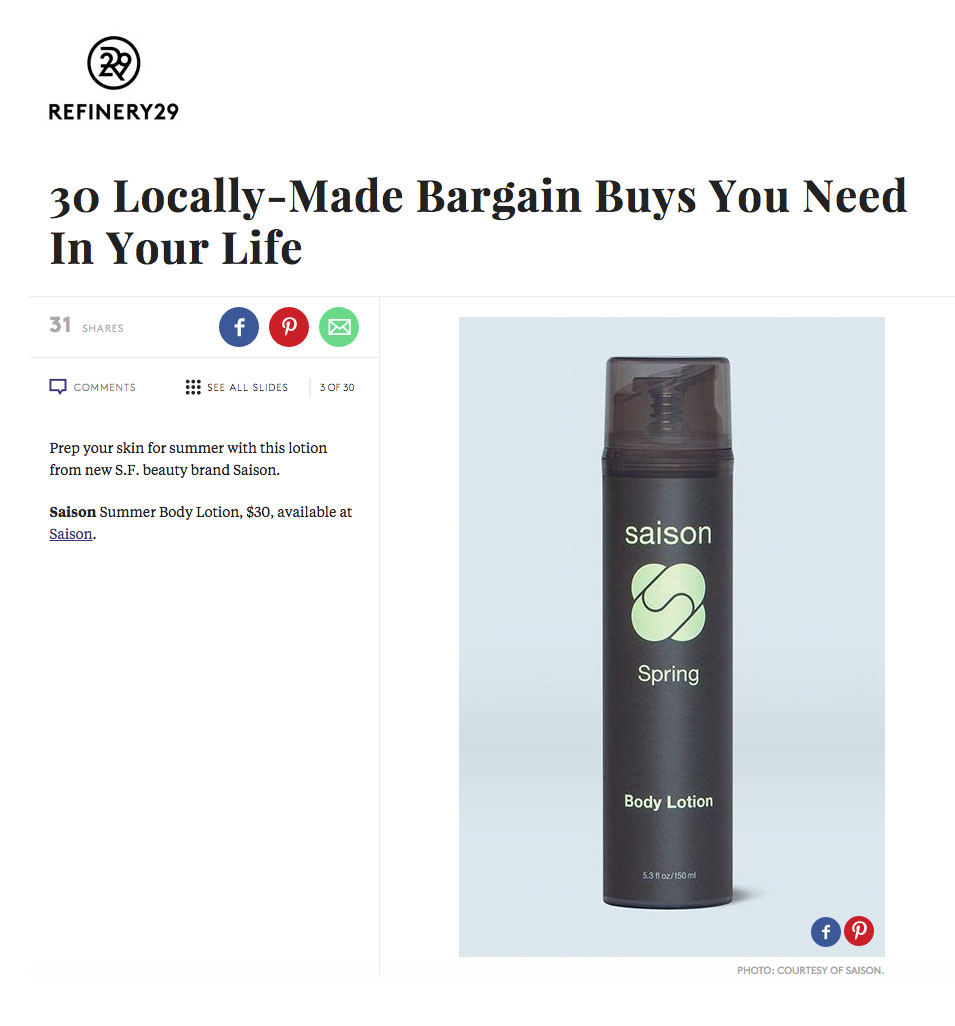 Saison Summer Body Lotion - locally made in SF - in Refinery29